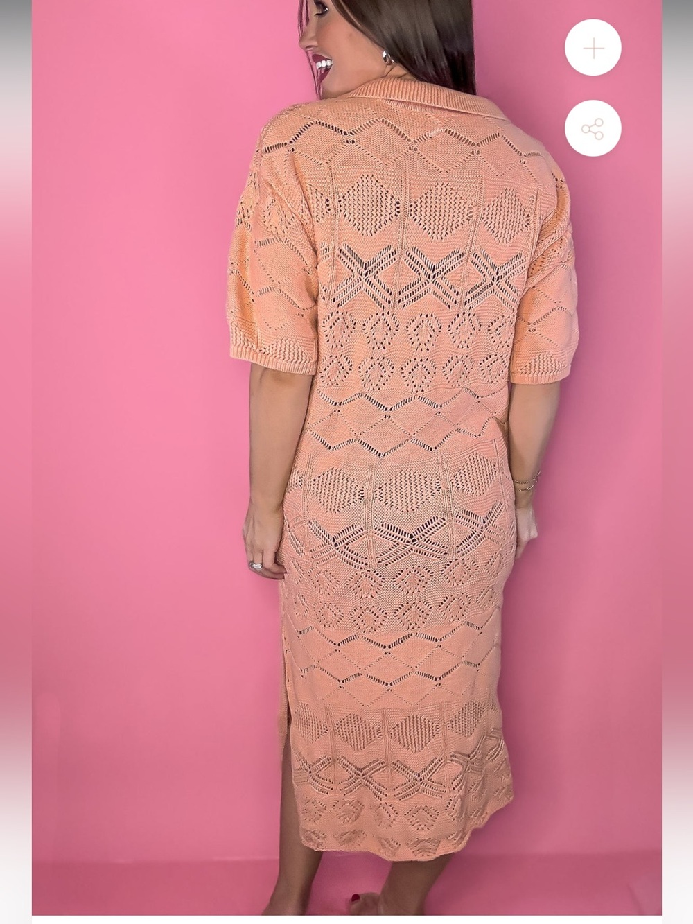 MARBLE Peach Openwork Crochet Sweater Collared Midi Dress Women’s Large - Picture 2 of 11